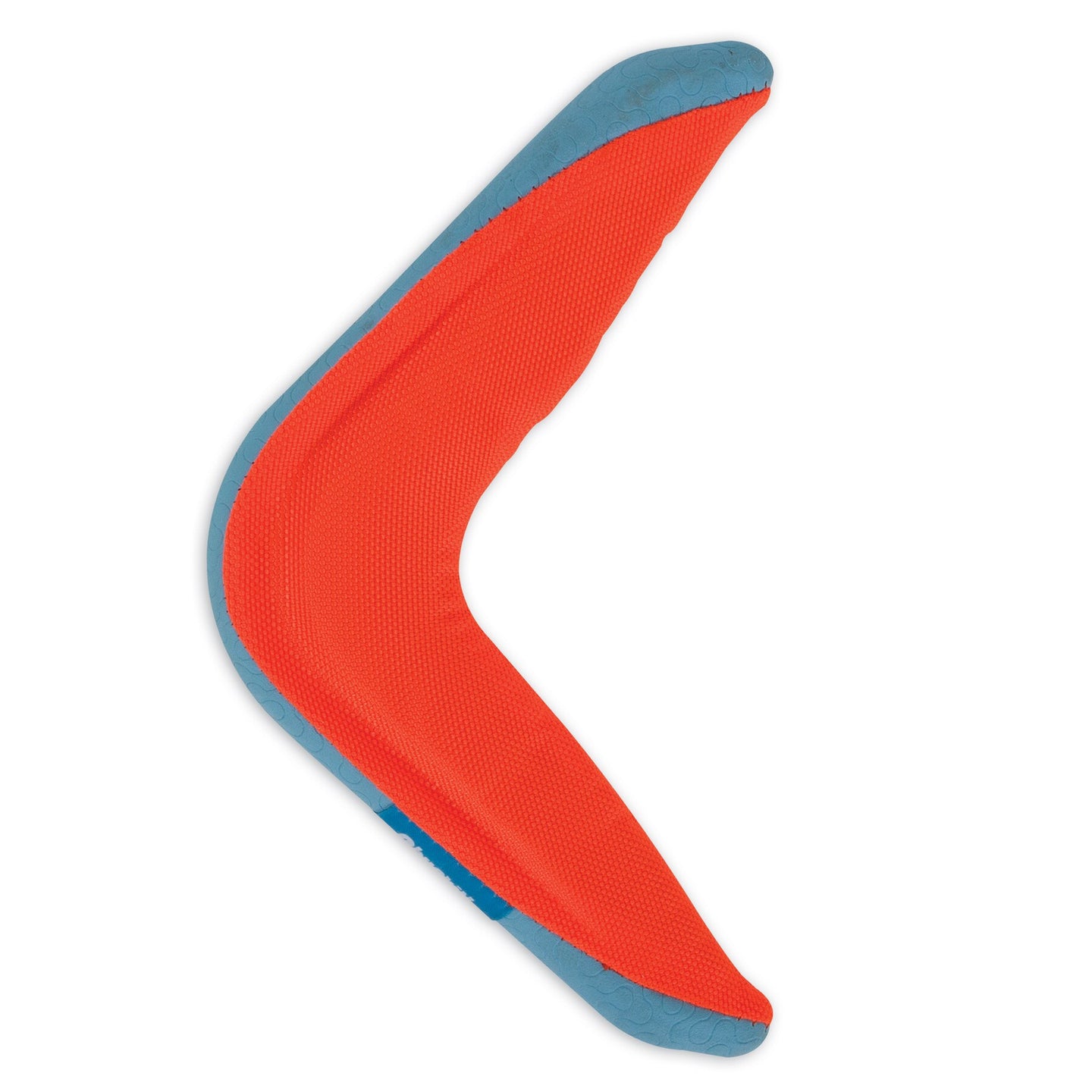 A Chuckit! Amphibious Boomerang, featuring a red body and blue edge against a white background, offers a textured surface for enhanced grip, ideal as a fetch toy for adventurous play on land or in water.