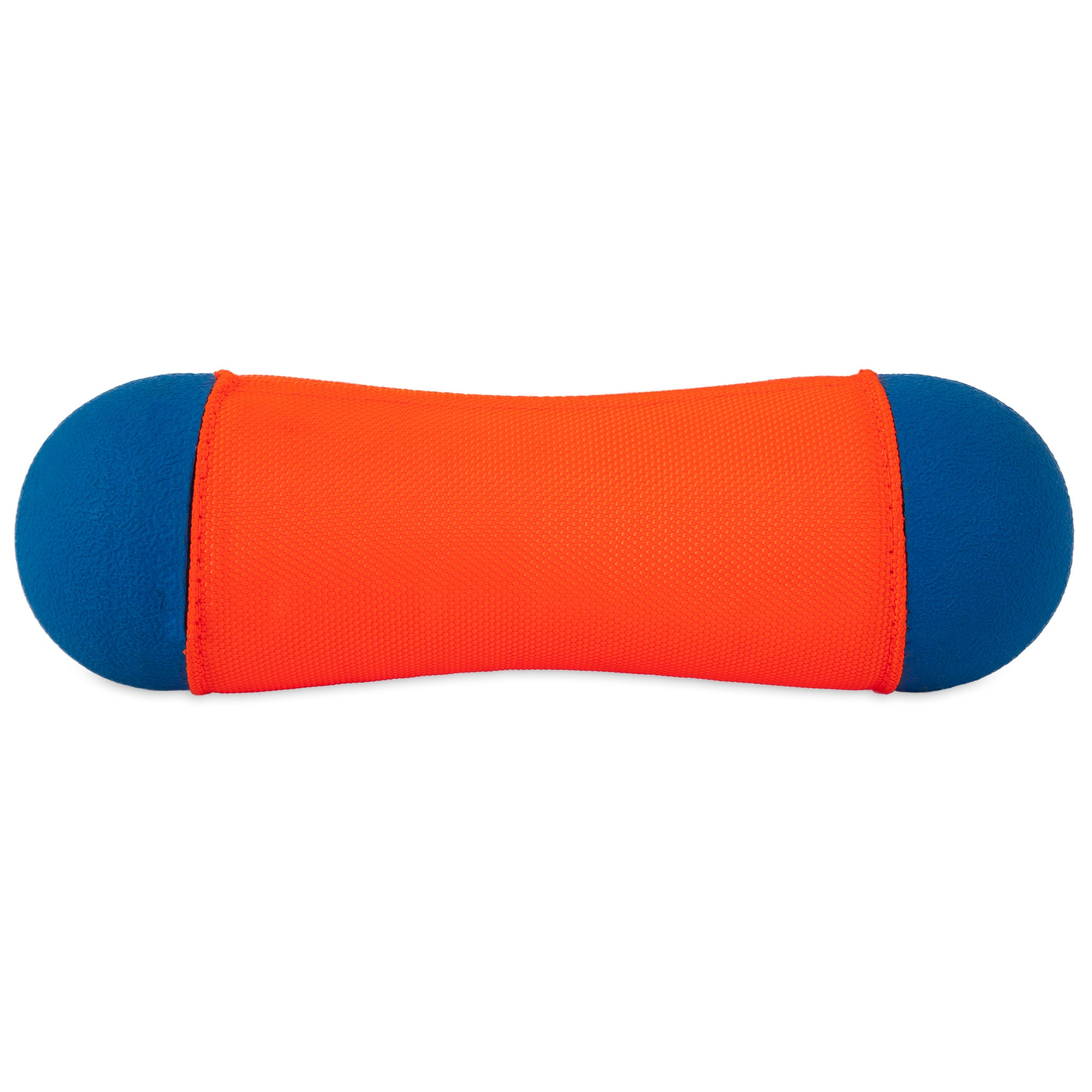 Check out the Chuckit Amphibious Tumble Bumper, a barbell-shaped dog toy with blue-rounded ends and bright orange color. Its Bounceflex core provides a soft yet durable texture, ideal for hours of fetching fun.