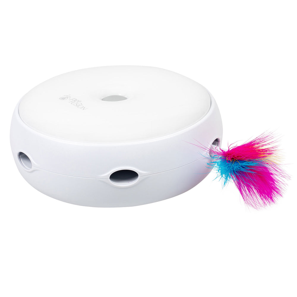 The PetFusion Ambush Interactive Cat Toy by Petfusion boasts a sleek, round, white design with circular openings and vibrant pink, purple, and blue feathers emerging from one hole. Exciting LED lights enhance the play experience.