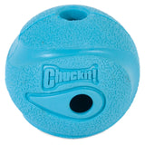 The Chuckit! The Whistler Dog Toy is a textured blue ball with two circular holes, featuring embossed Chuckit! text and wave-like swirls for high bounces, making it an ideal fetch toy.