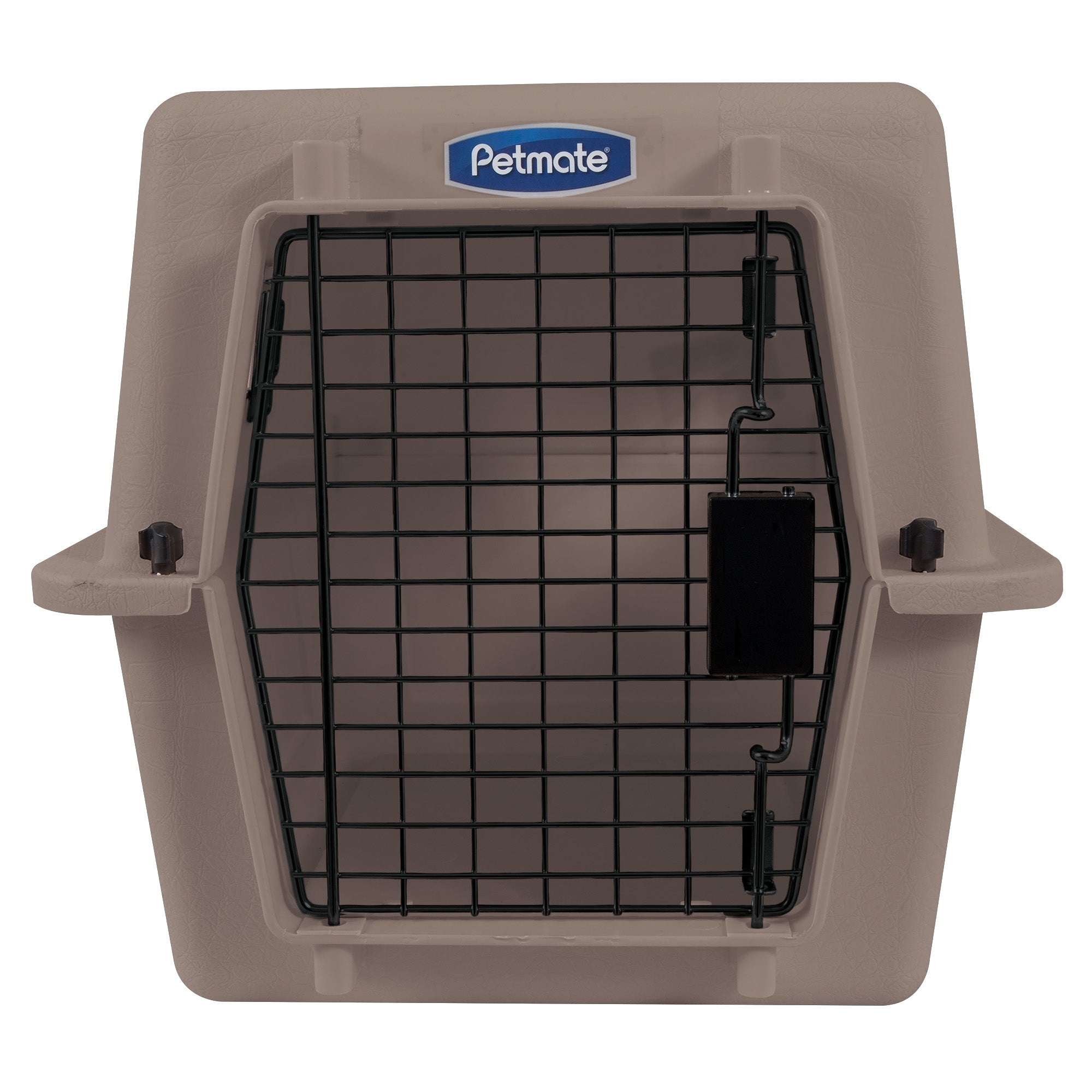 The image shows a beige Petmate Ultra Vari Kennel with a black wire door featuring the brand logo above the latch for secure closure.