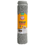 The Arm & Hammer Paws Litter Mat by Arm And Hammer is a durable gray rubber mat rolled into a cylinder, featuring a cat-labeled design. It offers easy cleaning and floor protection to prevent litter scatter.