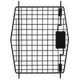 Explore the Petmate 21 Sky Kennel Replacement Door, featuring a black metal wire mesh panel with a rectangular grid pattern. It meets IATA requirements and includes hinges and a rectangular lock mechanism on one side, with a symmetrical, slightly tapered shape for seamless fitting.