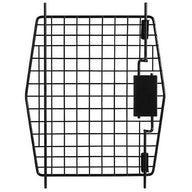 Explore the Petmate 21 Sky Kennel Replacement Door, featuring a black metal wire mesh panel with a rectangular grid pattern. It meets IATA requirements and includes hinges and a rectangular lock mechanism on one side, with a symmetrical, slightly tapered shape for seamless fitting.