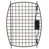 The Black Replacement Door for 24 Plastic Kennels by Petmate is a metal grid panel with curved edges, featuring a latch on the right side. It serves as an ideal replacement door and is set against a plain white background.