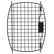 The Black Replacement Door for 24 Plastic Kennels by Petmate is a metal grid panel with curved edges, featuring a latch on the right side. It serves as an ideal replacement door and is set against a plain white background.