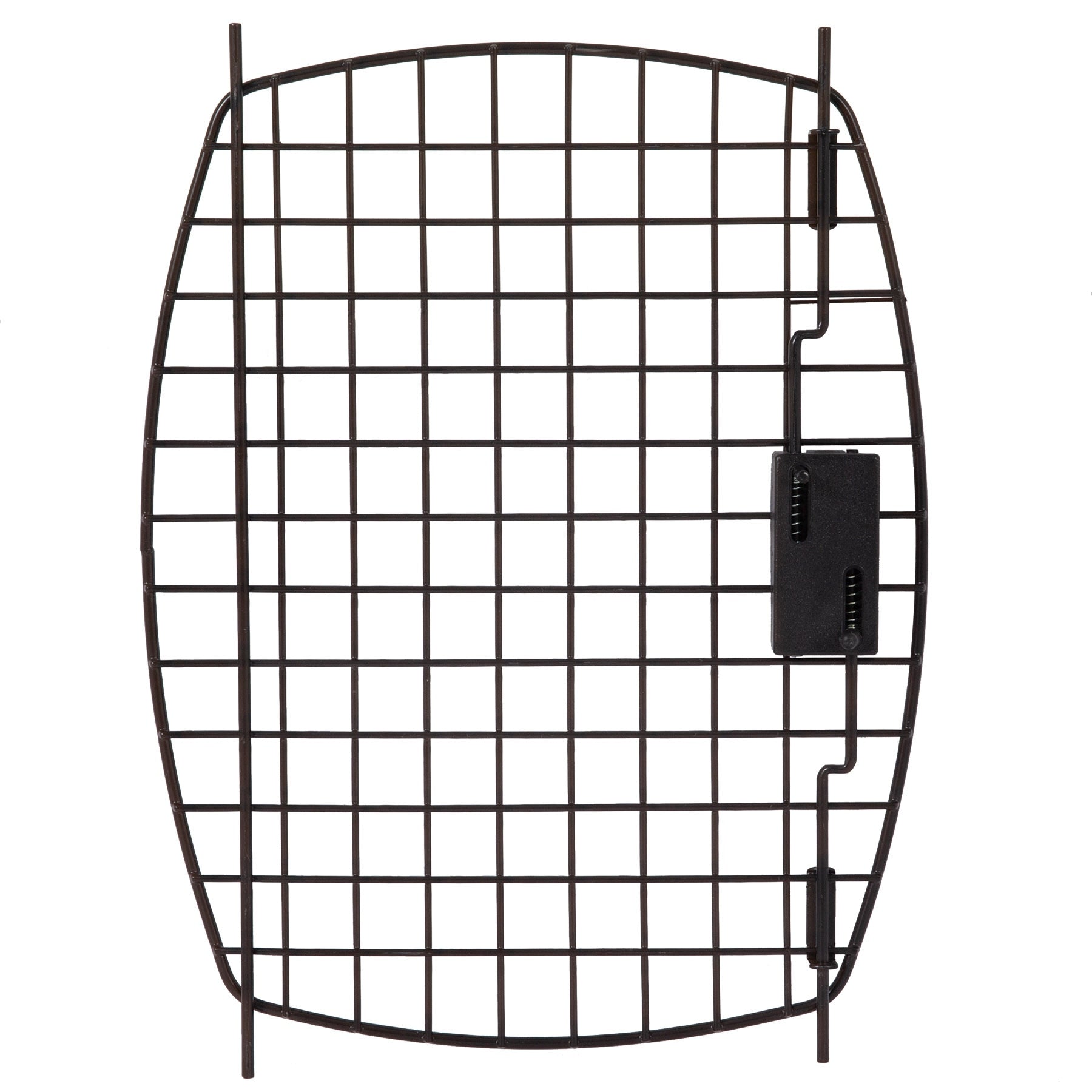 The Black Replacement Door for 24 Plastic Kennels by Petmate is a metal grid panel with curved edges, featuring a latch on the right side. It serves as an ideal replacement door and is set against a plain white background.