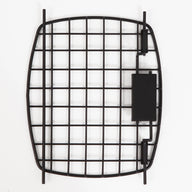 A black metal grid with a rectangular side handle on a white background looks like a Black Replacement Door For 26 Plastic Kennels by Petmate.