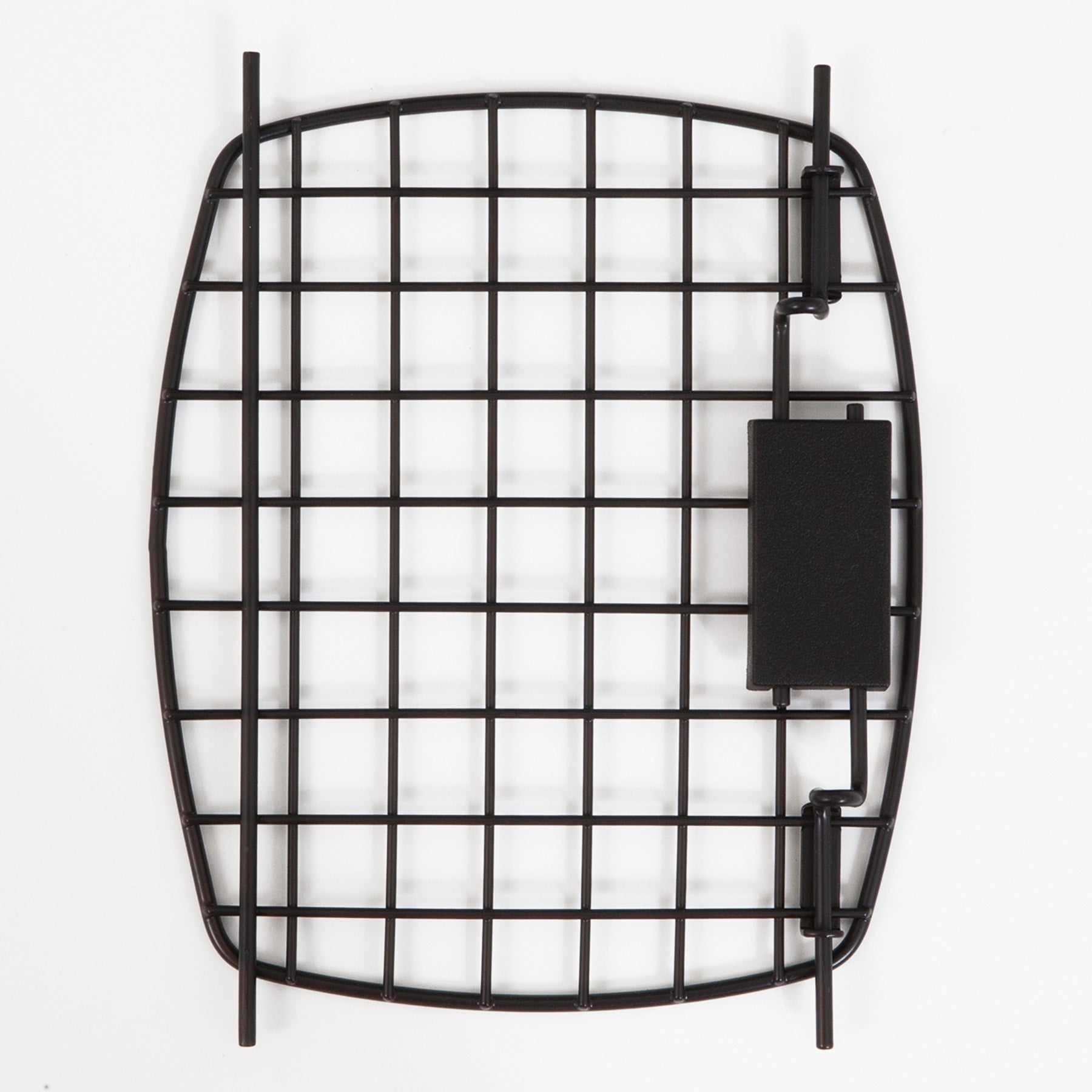 A black metal grid with a rectangular side handle on a white background looks like a Black Replacement Door For 26 Plastic Kennels by Petmate.