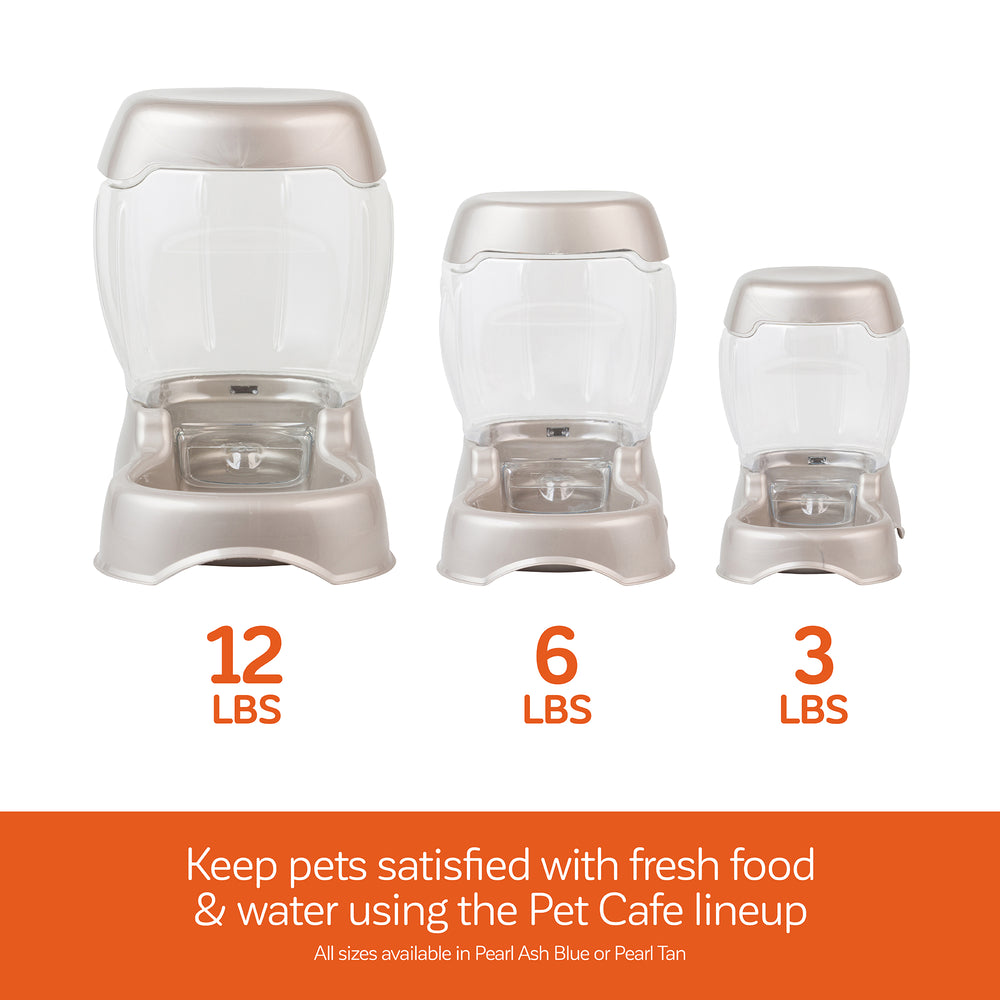 Image of three Petmate Pet Cafe Feeders with 12 lb, 6 lb, and 3 lb capacities arranged in a row. These gravity feeders have transparent hoppers and taupe bases. Available in Pearl Ash Blue or Pearl Tan.