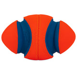 The Chuckit! Fumble Fetch is an interactive fetch toy shaped like a football, featuring an orange and blue design with textured and smooth sections. Its oval shape includes symmetrical ridges with Chuckit! embossed on the blue part. Its durable, puncture-resistant, and perfect for play.