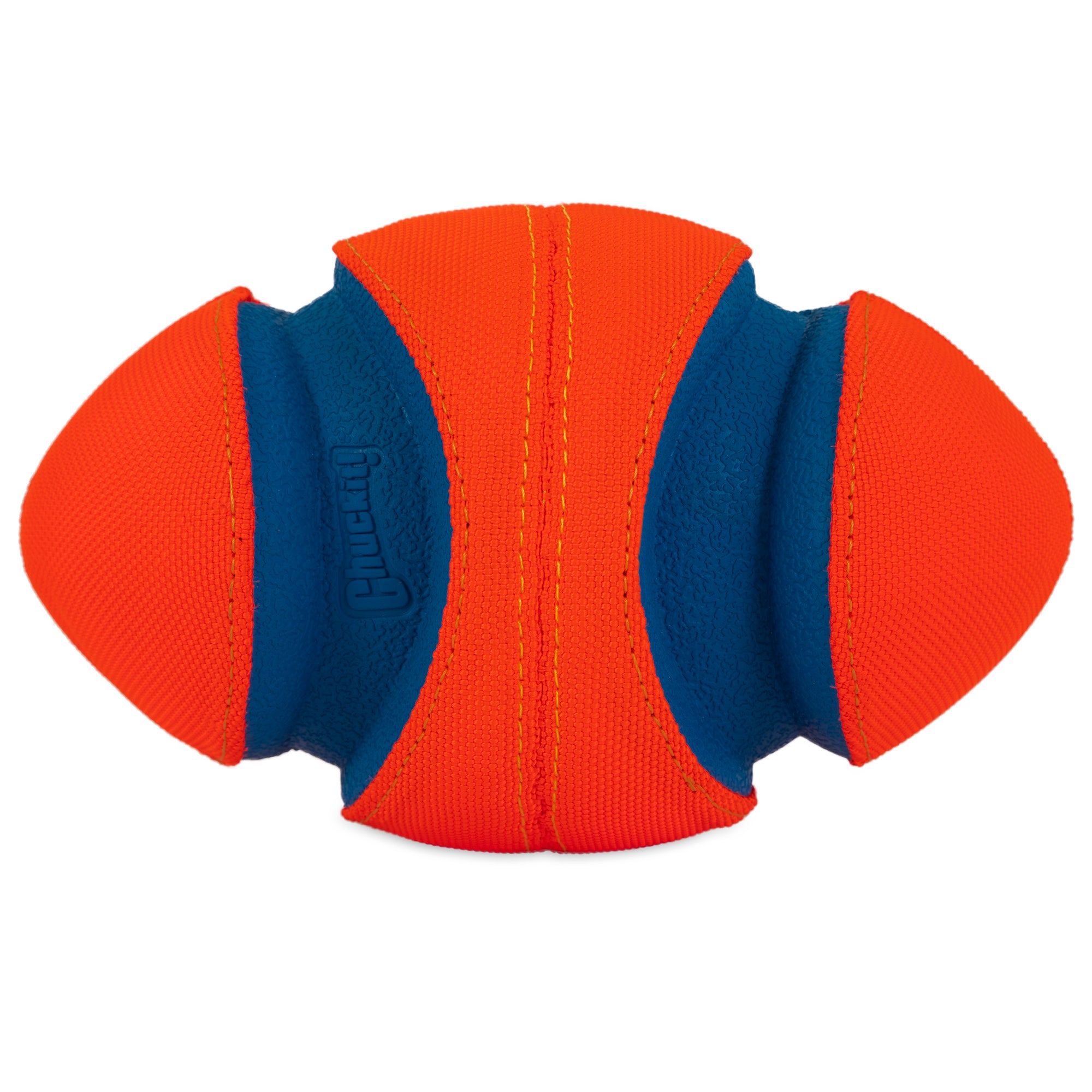 The Chuckit! Fumble Fetch is an interactive fetch toy shaped like a football, featuring an orange and blue design with textured and smooth sections. Its oval shape includes symmetrical ridges with Chuckit! embossed on the blue part. Its durable, puncture-resistant, and perfect for play.