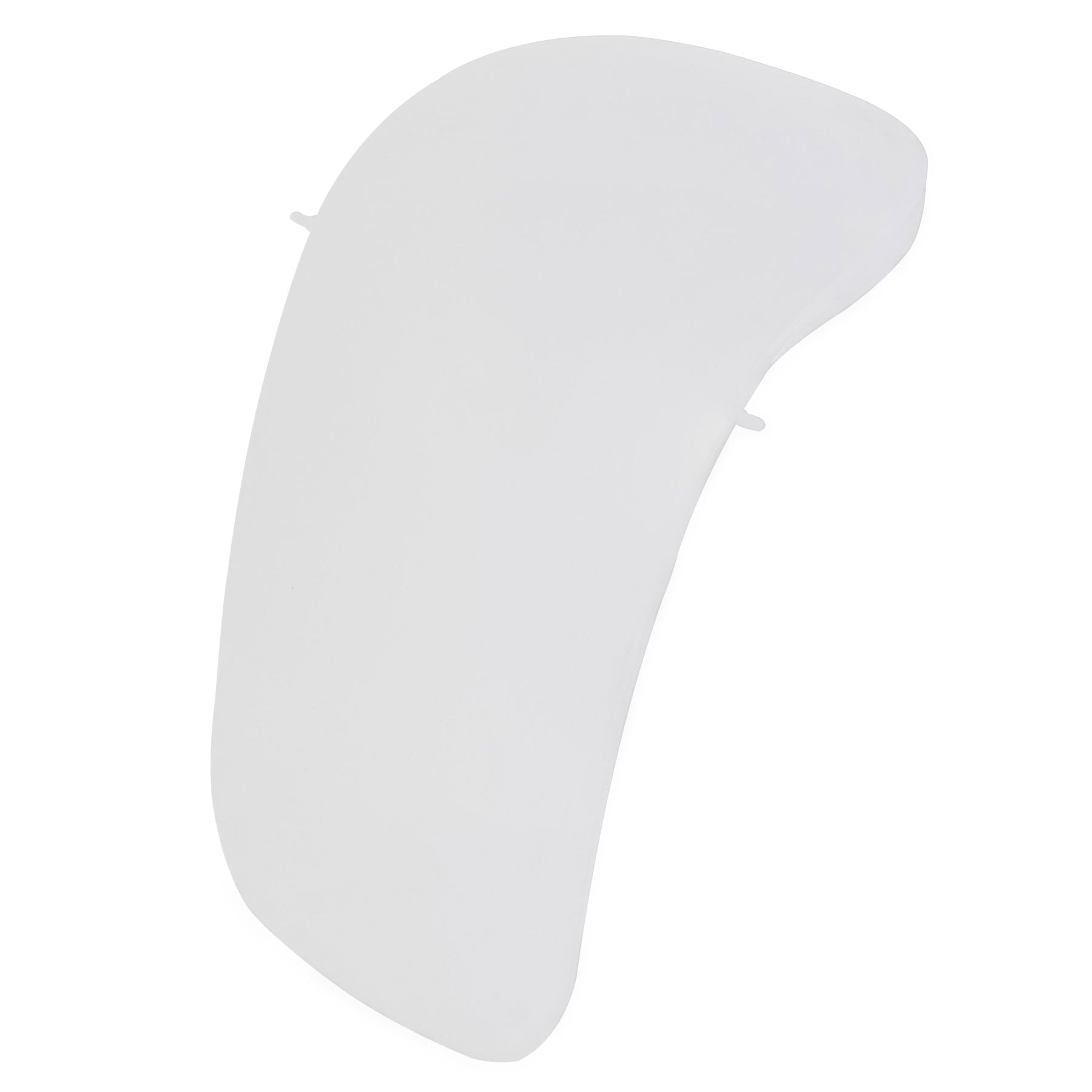On a plain white background, a kidney-shaped white plastic object with smooth, rounded edges appears. Two small protrusions suggest its the Petmate Jumbo Hooded Litter Pan Replacement Door.