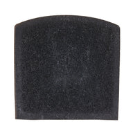 A close-up of a black porous foam sponge, similar to the Petmate Zeolite Filter For Jumbo Hooded Litter Pans, shows tiny holes ideal for odor absorption. Its slightly curved top edge stands out against the plain white background, highlighting its Zeolite Charcoal-like texture.
