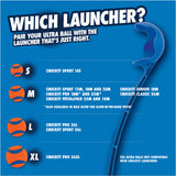The graphic showcases ChuckIt! launchers with balls for sizes S, M, L, and XL, featuring specific names. A curved blue launcher appears on the right. XXL balls arent compatible. Some featured Chuckit Sniff Fetch Ball Duo are made from durable natural rubber for optimal fetching fun.