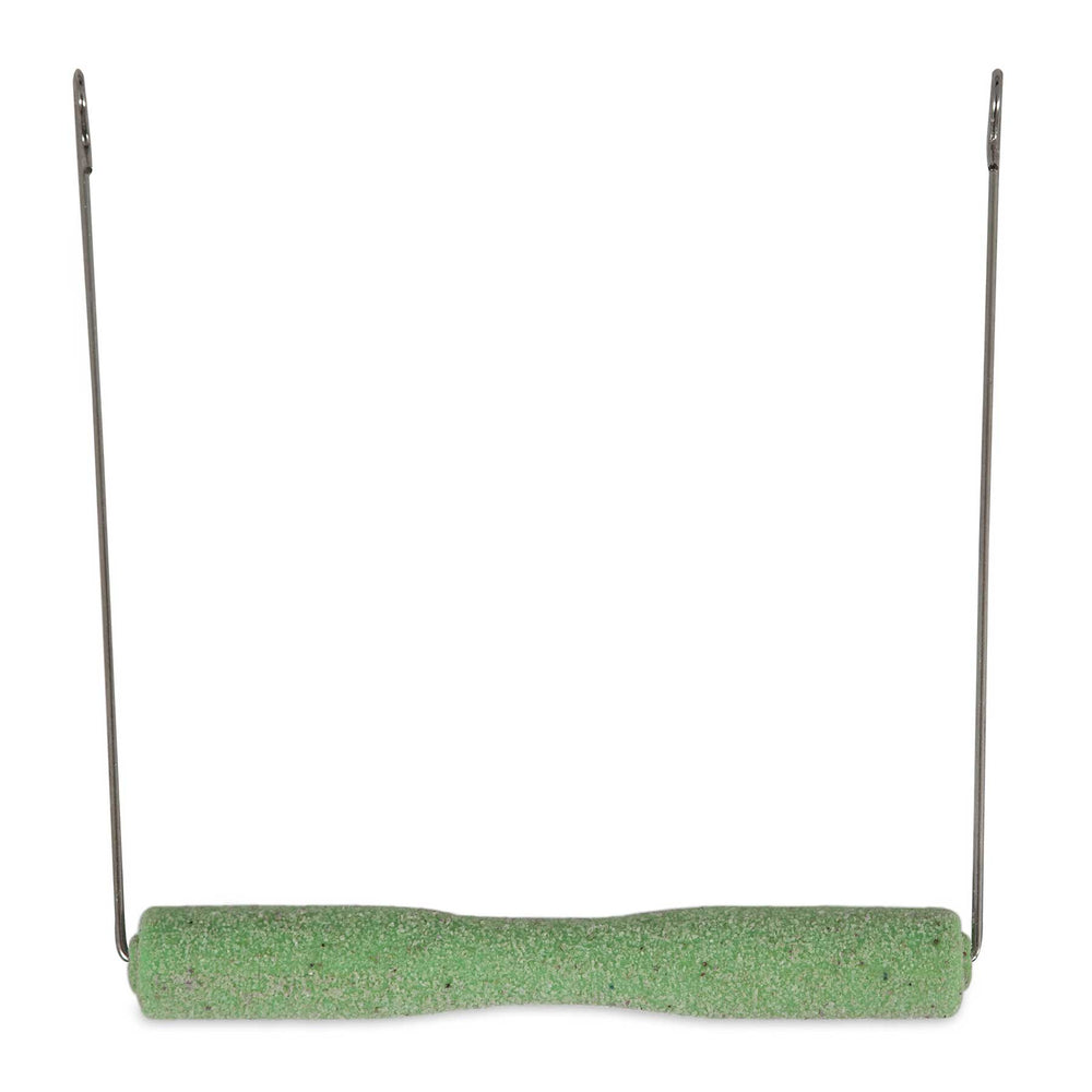 A green foam exercise barbell with textured grip, featuring black metal rods for resistance training, imitates the motion of a JW Sand Bird Perch Swing by Jw for versatile workouts.