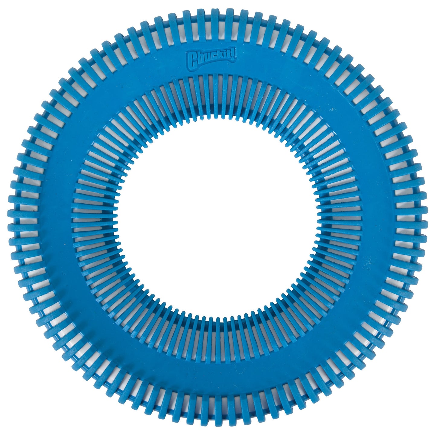 The Chuckit! Rugged Flyer by Chuckit is a durable blue circular toy featuring evenly spaced ridges and a hollow center, ideal for fetching and chewing.