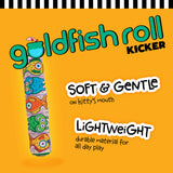 A vibrant yellow backdrop showcases the FAT CAT Kitty Kickz Gold Fish Roll Cat Toy by Fatcat, adorned with colorful fish patterns. Soft & gentle on kittys mouth, its crafted from lightweight, durable material for all-day play and infused with organic catnip—perfect for your furry friend.