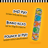 The FAT CAT Kitty Kickz Gold Fish Roll Cat Toy by Fatcat is shaped like a plush stick with cartoon fish prints against an orange backdrop. It promises boredom-free solo play, infused with organic catnip to enhance allure and ignite your kittys natural instincts.