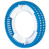 The Chuckit! Rugged Fetch Wheel is a blue textured circular dog chew toy with a smooth white interior, durable ridges for dental health, and offers fun fetch playtime.