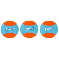The Chuckit! Amphibious Fetch Balls Medium 3 Pack includes three vibrant balls, ideal for water-loving dogs. They feature a blue and orange design with alternating panels, perfect to pair with Chuckit! Launchers for endless fun.