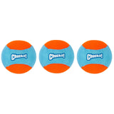The Chuckit! Amphibious Fetch Value Pack features three Chuckit balls with bright orange tops and bottoms, contrasting with a blue band displaying the Chuckit logo. Theyre designed for amphibious fetch and perfectly suit your Chuckit Launcher, shown side-by-side against a white background.