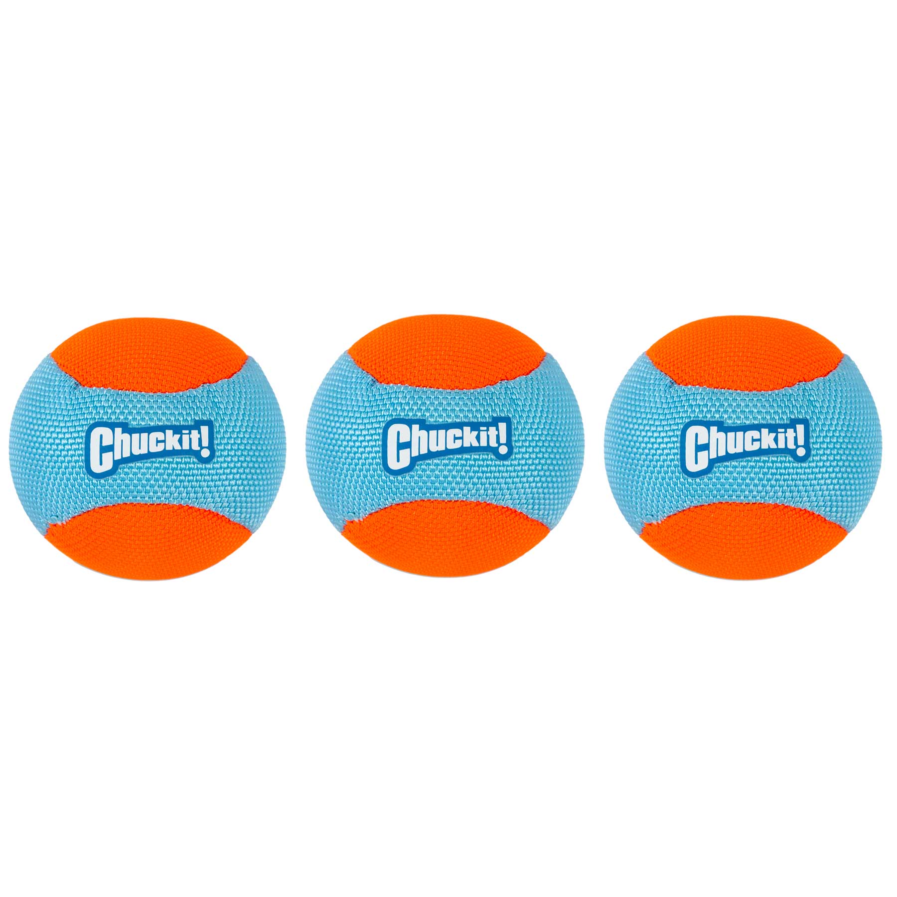 The Chuckit! Amphibious Fetch Value Pack features three Chuckit balls with bright orange tops and bottoms, contrasting with a blue band displaying the Chuckit logo. Theyre designed for amphibious fetch and perfectly suit your Chuckit Launcher, shown side-by-side against a white background.
