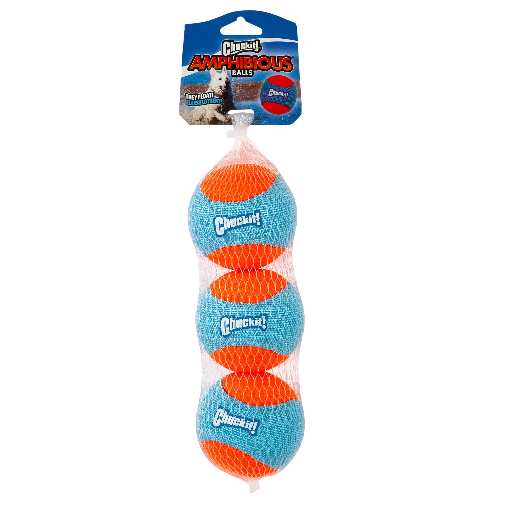 The Chuckit! Amphibious Fetch Balls Medium 3 Pack, ideal for water-loving dogs, includes blue and orange balls in a white mesh bag. Featuring the Chuckit logo, these floating balls are perfect companions for Chuckit Launchers during water play.