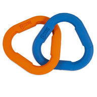 The Chuckit! Ultra Links, by Chuckit, consists of two interlocking toy rings in orange and blue. Made from durable natural rubber with rounded edges, each ring displays a small brand logo and forms an irregular triangle shape, providing an engaging interactive toy for dogs.