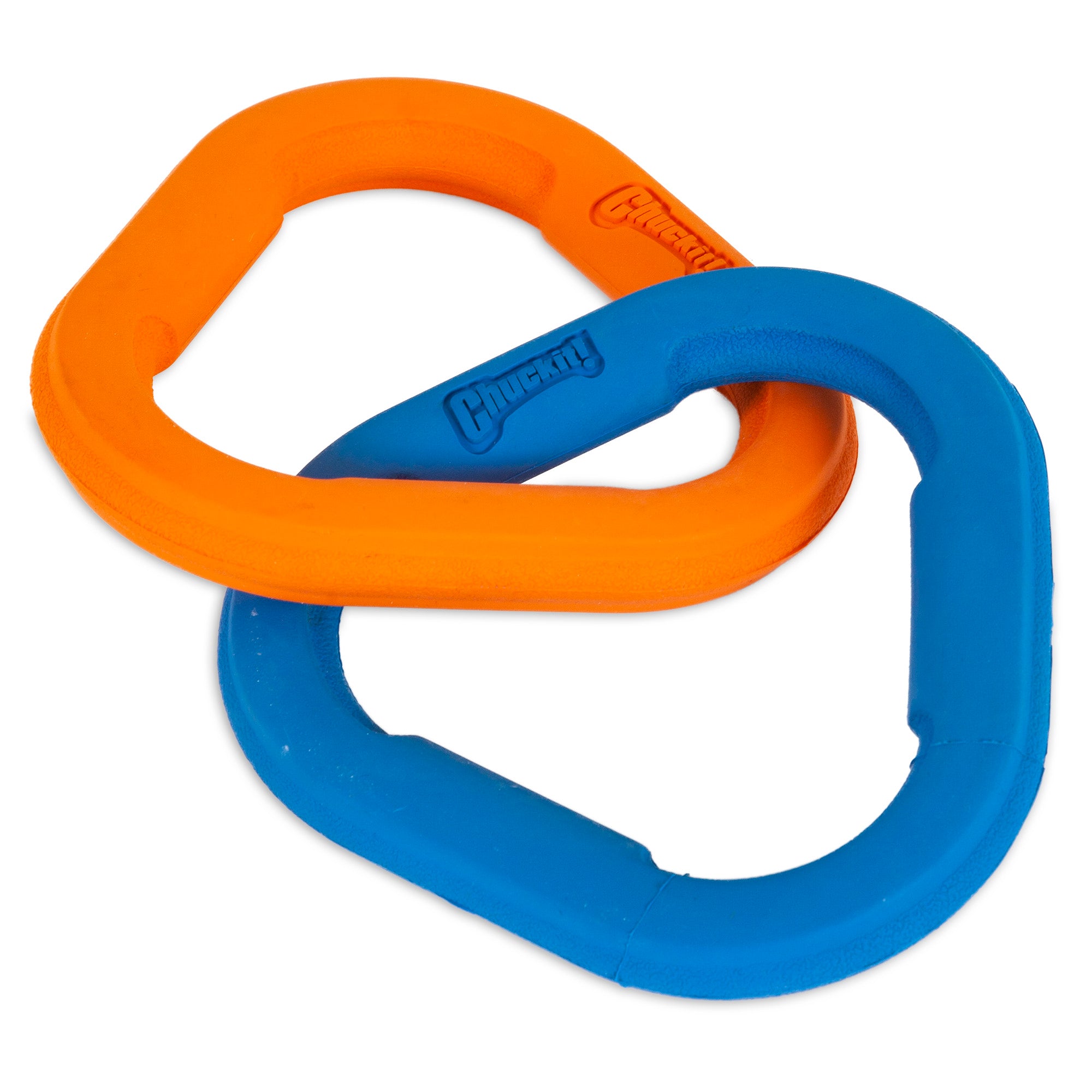 The Chuckit! Ultra Links are two interlocking orange and blue rubber rings made of durable natural rubber, designed as interactive dog toys. They feature a textured surface with the Chuckit logo on each ring and are shown on a white background.