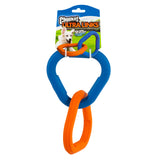 Close-up of the Chuckit! Ultra Links dog toy package, showcasing three interlocking durable natural rubber rings in blue and orange. The packaging features a playful dog with Chuckit! Ultra Links text on a white background, emphasizing this interactive toy from Chuckit.