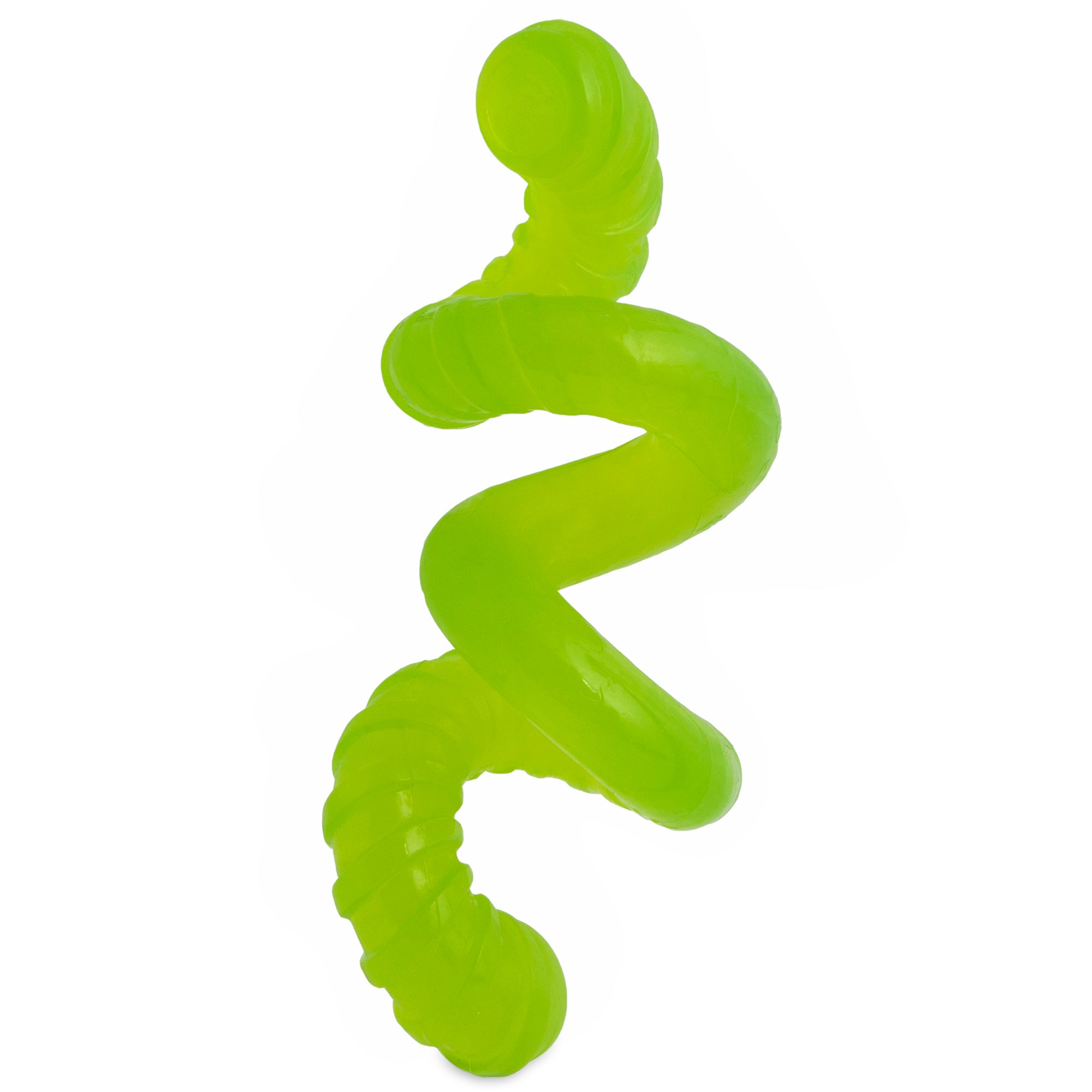 The JW Gumm-EE Worm Dog Toy by Jw features a bright green, translucent spiral design ideal for soothing puppy gums, set against a plain white background.