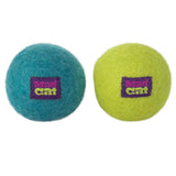 Two Mad Cat Wacky Wool Balls, one blue and one yellow, each with a purple label reading Mad Cat in pink and yellow, infused with catnip, are placed side by side against a white background.