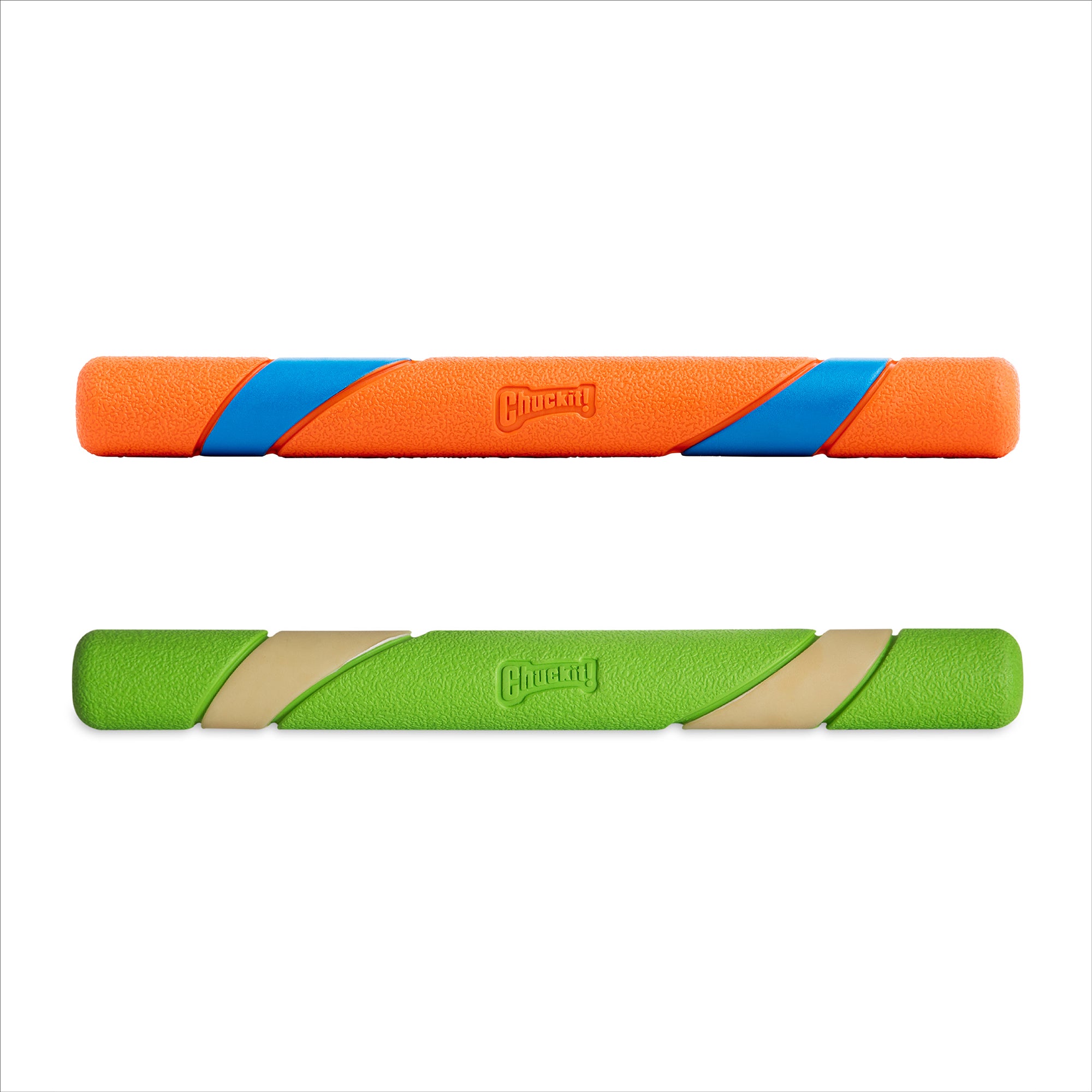 The Petmate Chuckit! Day & Night Ultra Fetch Stick 2 Pack includes an orange stick with blue stripes and a green stick with beige stripes, both textured and logo-branded—perfect dog fetch toys or alternatives to the Chuckit Ultra Fetch Stick.