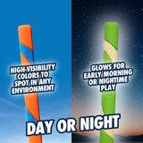 The Petmate Chuckit! Day & Night Ultra Fetch Stick 2 Pack features bright orange/blue on one end and glow-in-the-dark green/yellow on the other for high visibility, making it perfect for fetch any time—day or night.