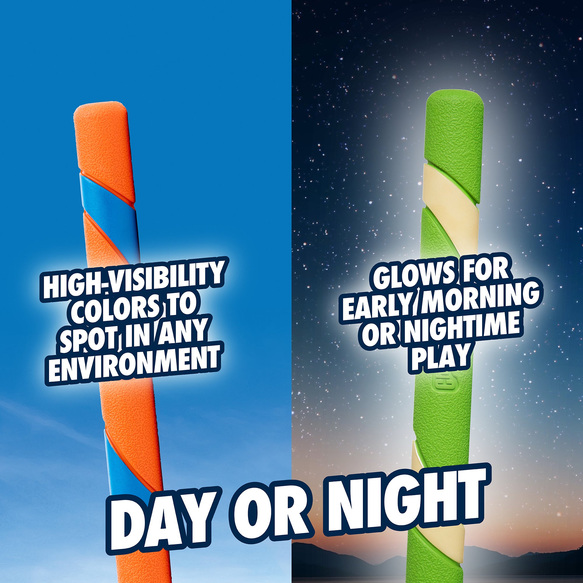 The Petmate Chuckit! Day & Night Ultra Fetch Stick 2 Pack features bright orange/blue on one end and glow-in-the-dark green/yellow on the other for high visibility, making it perfect for fetch any time—day or night.