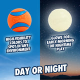 The Petmate Chuckit! Day & Night Ultra Ball Large 2 Pack features a high-visibility orange and blue ball for daytime play, plus a glow in the dark ball ideal for early morning or nighttime fetch. Text: "Day or Night.