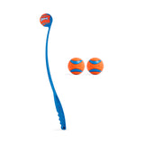 The Petmate Chuckit! Classic 26M Launcher with Ultra Ball Medium 3 Pack features a blue plastic launcher and three orange-and-blue balls—an ideal fetch toy set for dogs, shown on a white background.