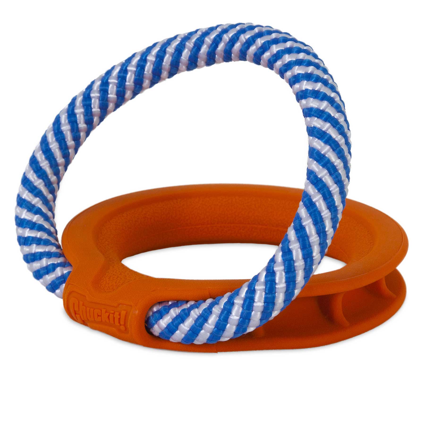 The Chuckit! FetchTug 2-in-1 Dog Toy Ring by Chuckit is a circular orange fetch toy with a sturdy base and a braided blue and white rope handle on top, designed with a textured surface for easy gripping and endless playtime fun.