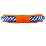 The Chuckit! FetchTug 2-in-1 Dog Toy Ring is an orange and blue toy featuring intertwined blue and white ropes within a soft orange rubber frame, with Chuckit! embossed on it.