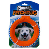 The Chuckit! FetchTug 2-in-1 Dog Toy Ring, by Chuckit, is a versatile toy featuring an orange ring with a sturdy blue and white rope loop. Its packaging shows a happy dog and promotes 2 Ways to Play, ideal for both fetch and tug games.
