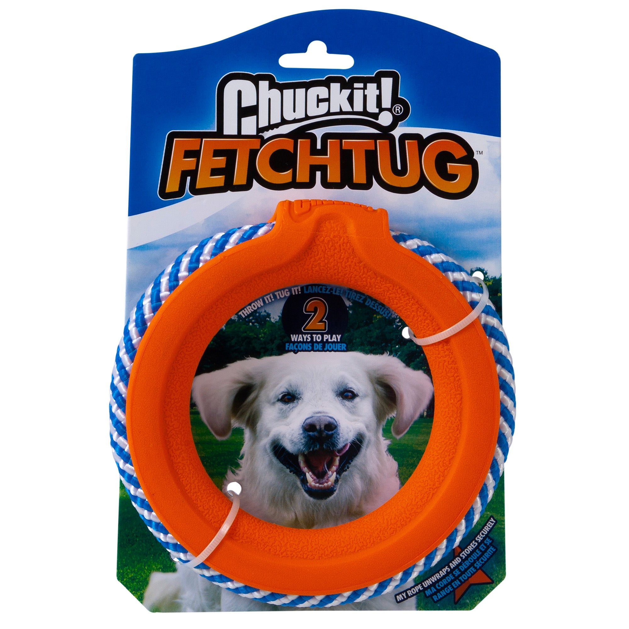 The Chuckit! FetchTug 2-in-1 Dog Toy Ring, by Chuckit, is a versatile toy featuring an orange ring with a sturdy blue and white rope loop. Its packaging shows a happy dog and promotes 2 Ways to Play, ideal for both fetch and tug games.