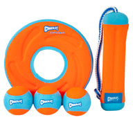 The Chuckit! Amphibious Fetch Value Pack by Chuckit includes three vibrant orange and blue balls, a flying disc, and a tug toy with a handle. Each piece is perfect for water play and features the iconic Chuckit! logo.