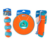 The Chuckit! Amphibious Fetch Value Pack includes three orange and blue balls, an orange and blue flying disc, and a fetch stick with a rope. Perfect for water play, each toy is branded with Chuckit! labels.