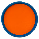 The Chuckit! Ultra Flight is an orange, rubber flying disc with a textured pattern and a durable blue edge, perfect for fetch.