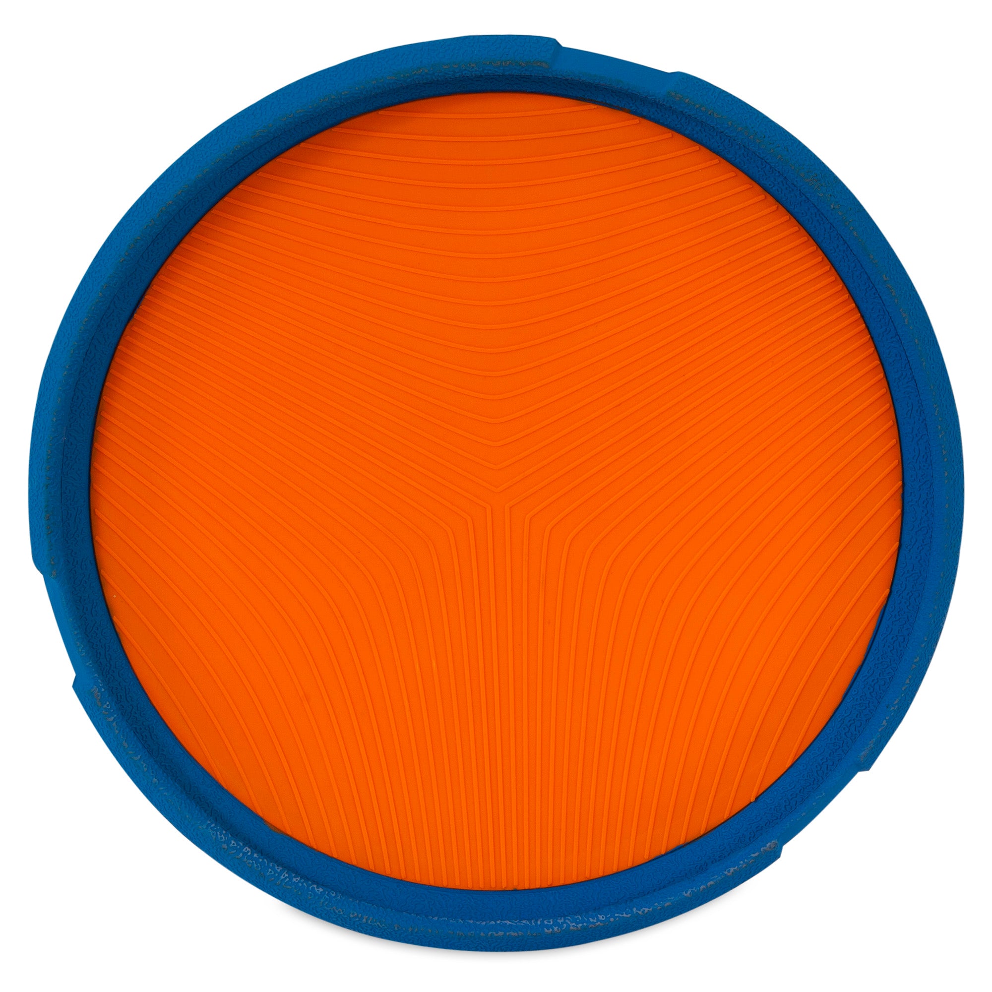 The Chuckit! Ultra Flight is an orange, rubber flying disc with a textured pattern and a durable blue edge, perfect for fetch.