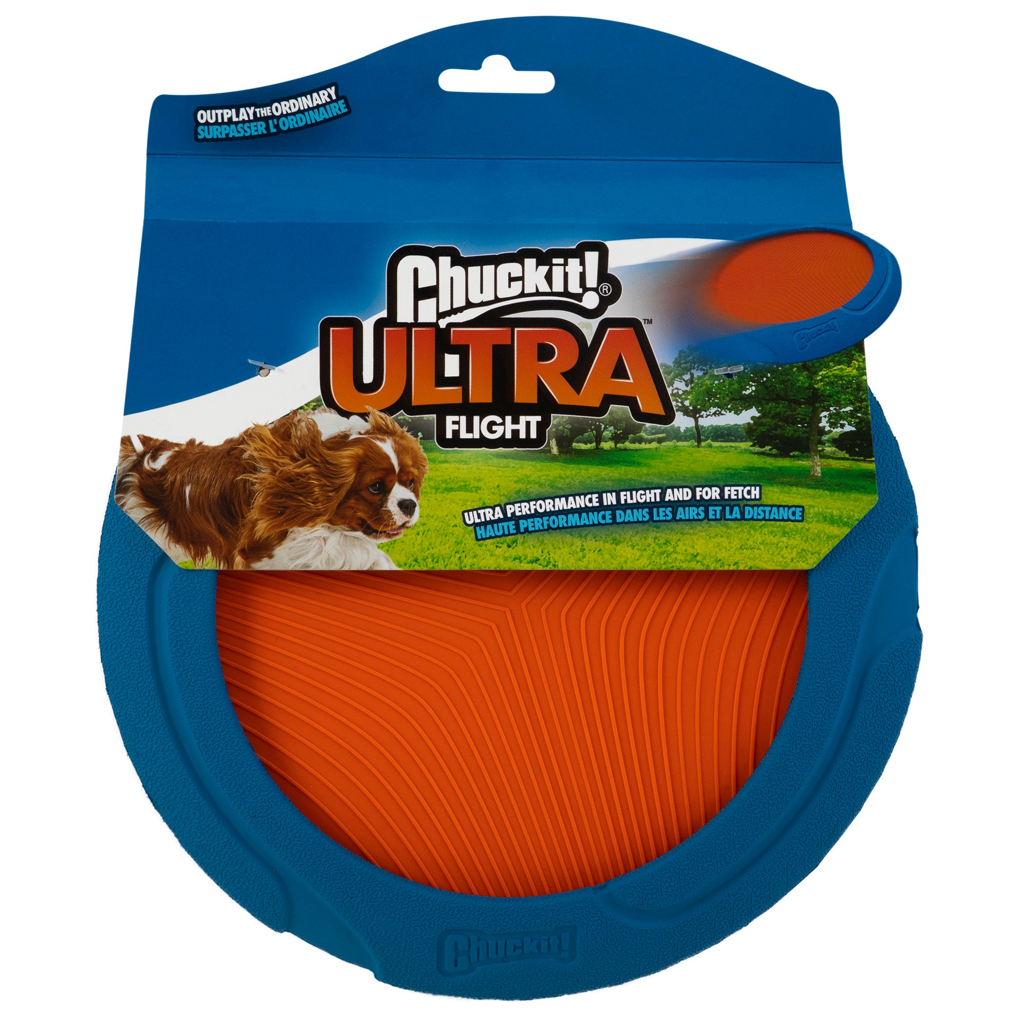 The Chuckit! Ultra Flight fetch toy, in blue and orange packaging, features a dog joyfully running on grass. This high-performance flyer by Chuckit has a durable rubber edge for exceptional flight and fetching fun.