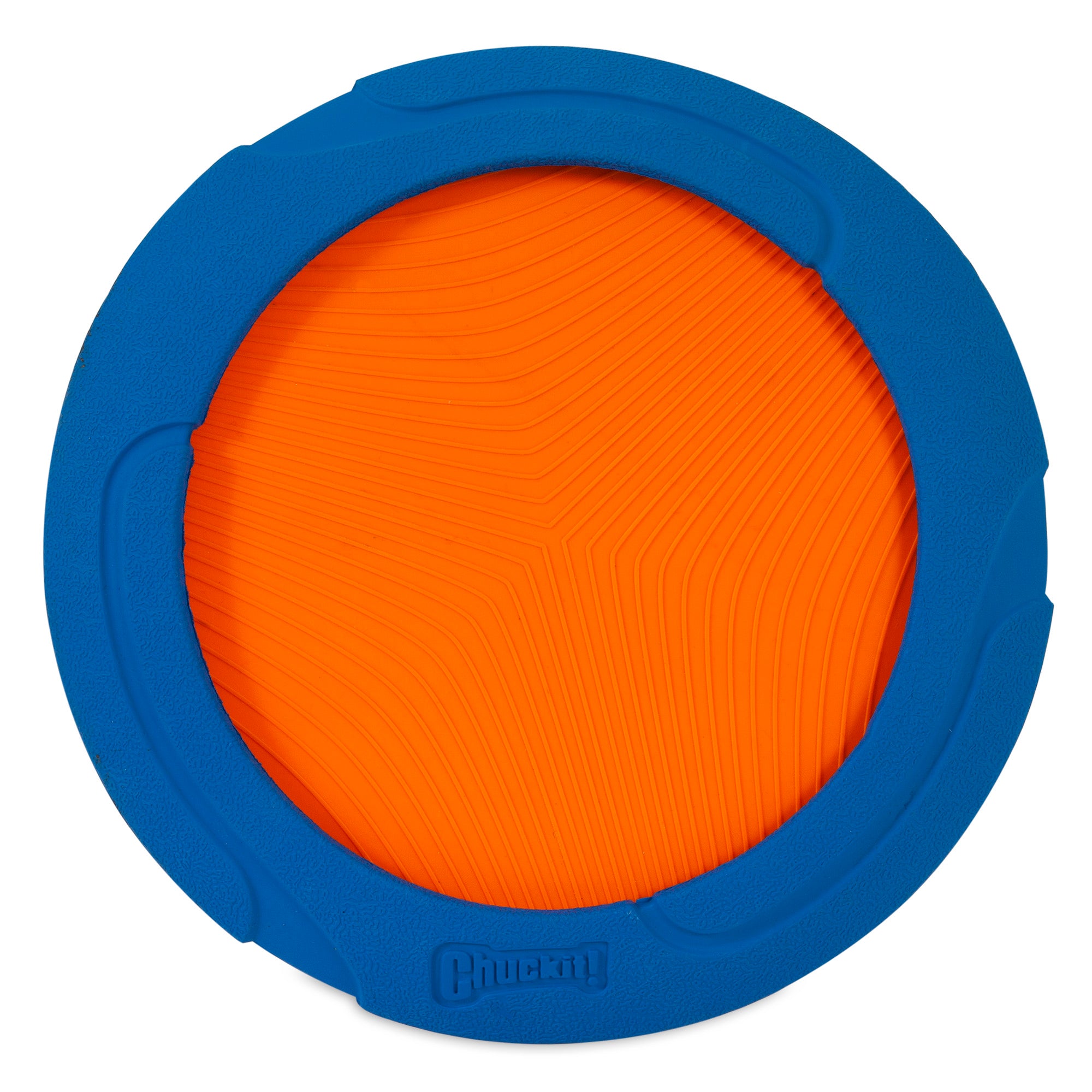 The Chuckit! Ultra Flight is a round, textured dog frisbee with a blue outer ring, orange center, and embossed logo. It has wavy grooves for grip and a durable rubber edge, making it the ultimate fetch toy for endless fun.
