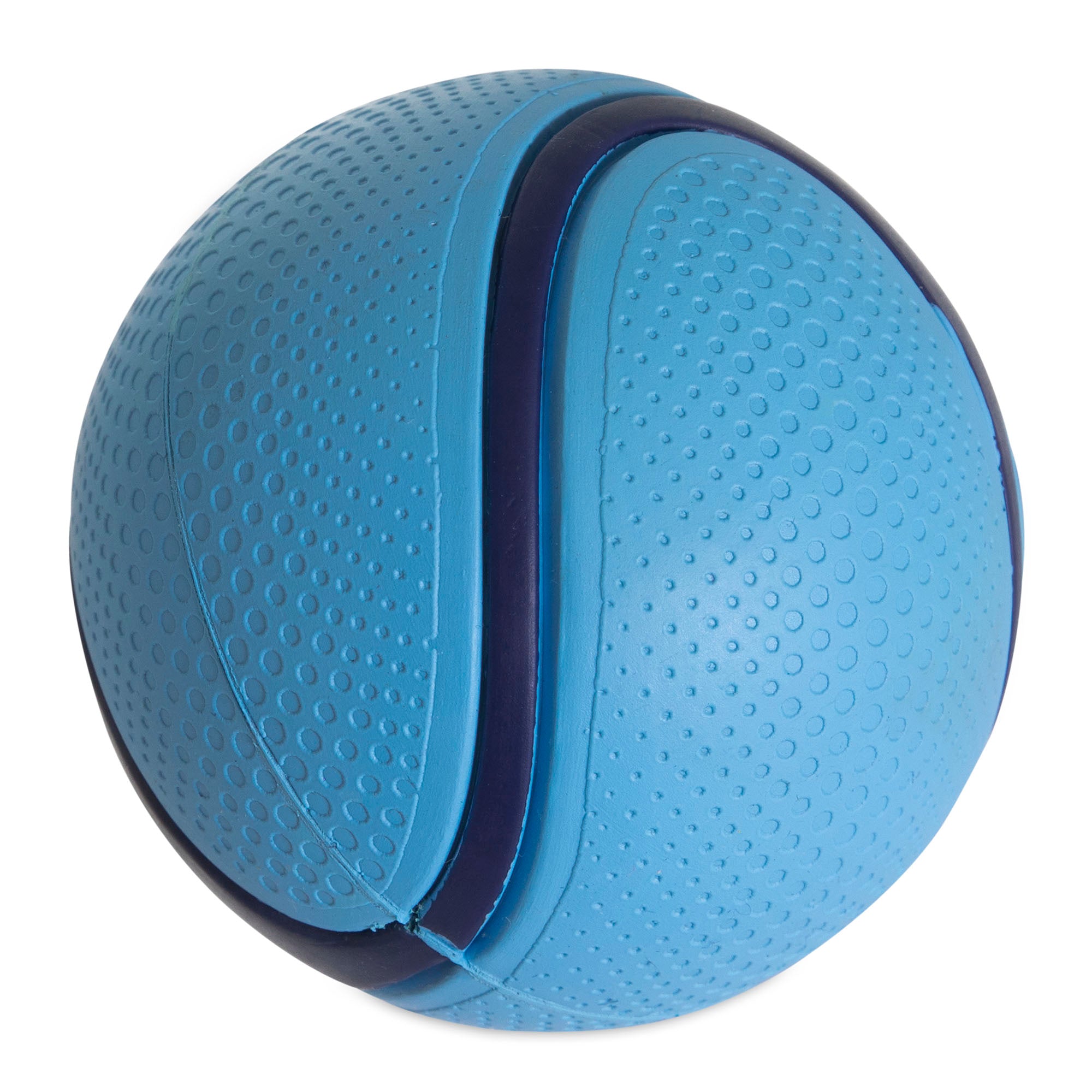 The Chuckit! Bacon Sniff Fetch Ball by Chuckit is a durable rubber ball with a textured blue surface, featuring two parallel dark blue stripes. Its dotted texture ensures a solid grip, making it ideal for energetic games of fetch.