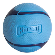 The Chuckit! Bacon Sniff Fetch Ball by Chuckit is a blue, textured, durable rubber ball with dark blue curved stripes and a raised logo. Its surface has small bumps for grip, making it perfect for fetch with dogs.